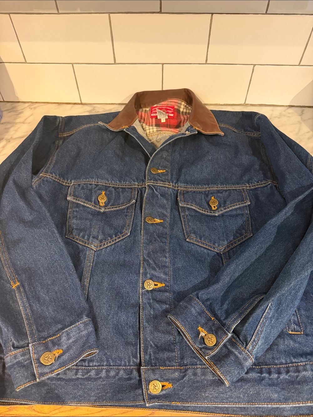 Men's Marlboro Country Store Dark Blue Denim Jacket with Brown Leather Collar